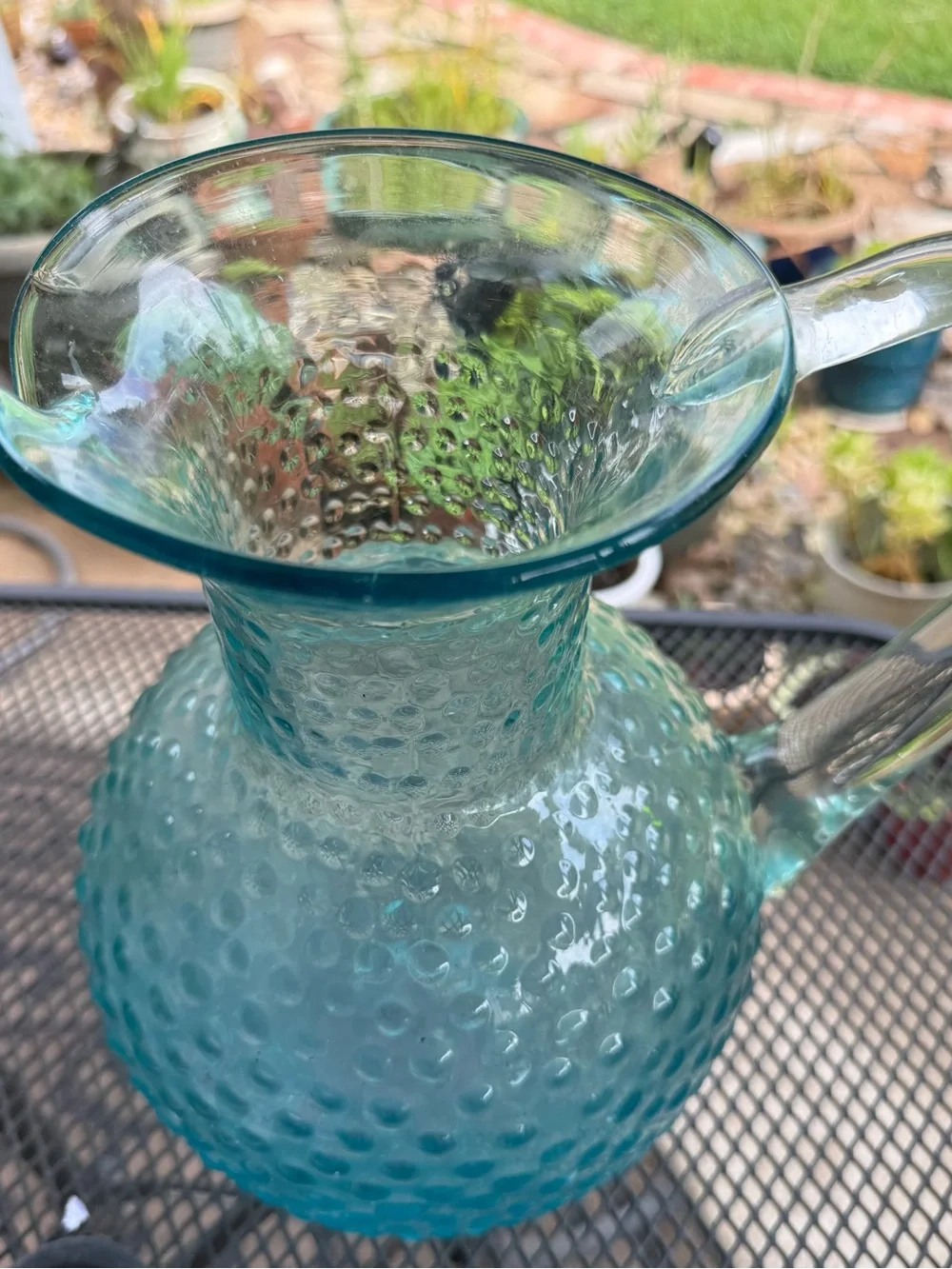 Large Hobnail Blue Turquoise Glass Pitcher 11.5 Inches 1937